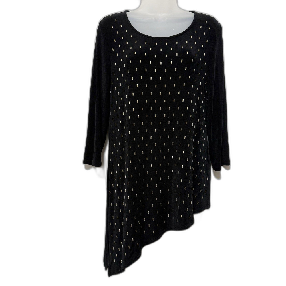 Travelers by Chico’s Size 0 Black Gold Studded Asymmetrical Tunic Top 3/4 Sleeve